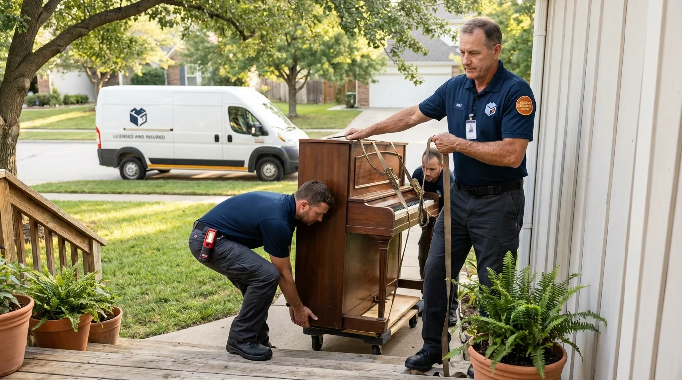 Licensed piano movers securing grand piano in Rockaway, NJ