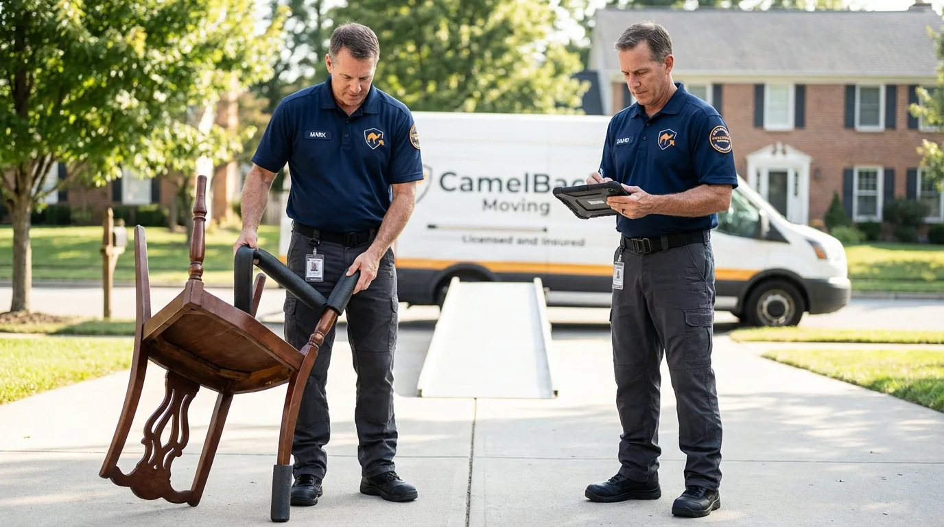 Movers inspecting furniture for damage prevention before loading in Rockaway, NJ