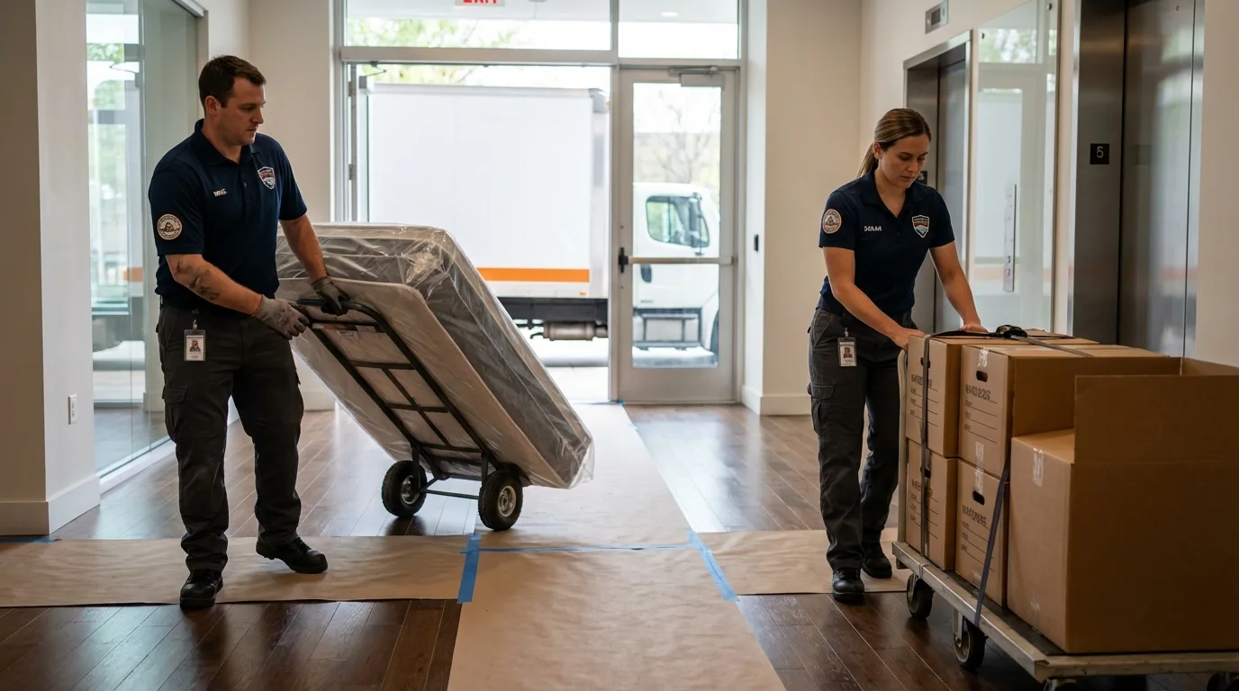 Professional apartment movers loading elevator in Rockaway, NJ